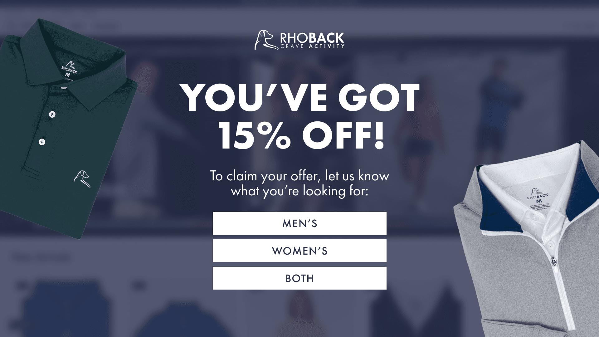 Desktop signup form — Gender-segmented entry — 15% off + segmentation enabled personalized welcome.