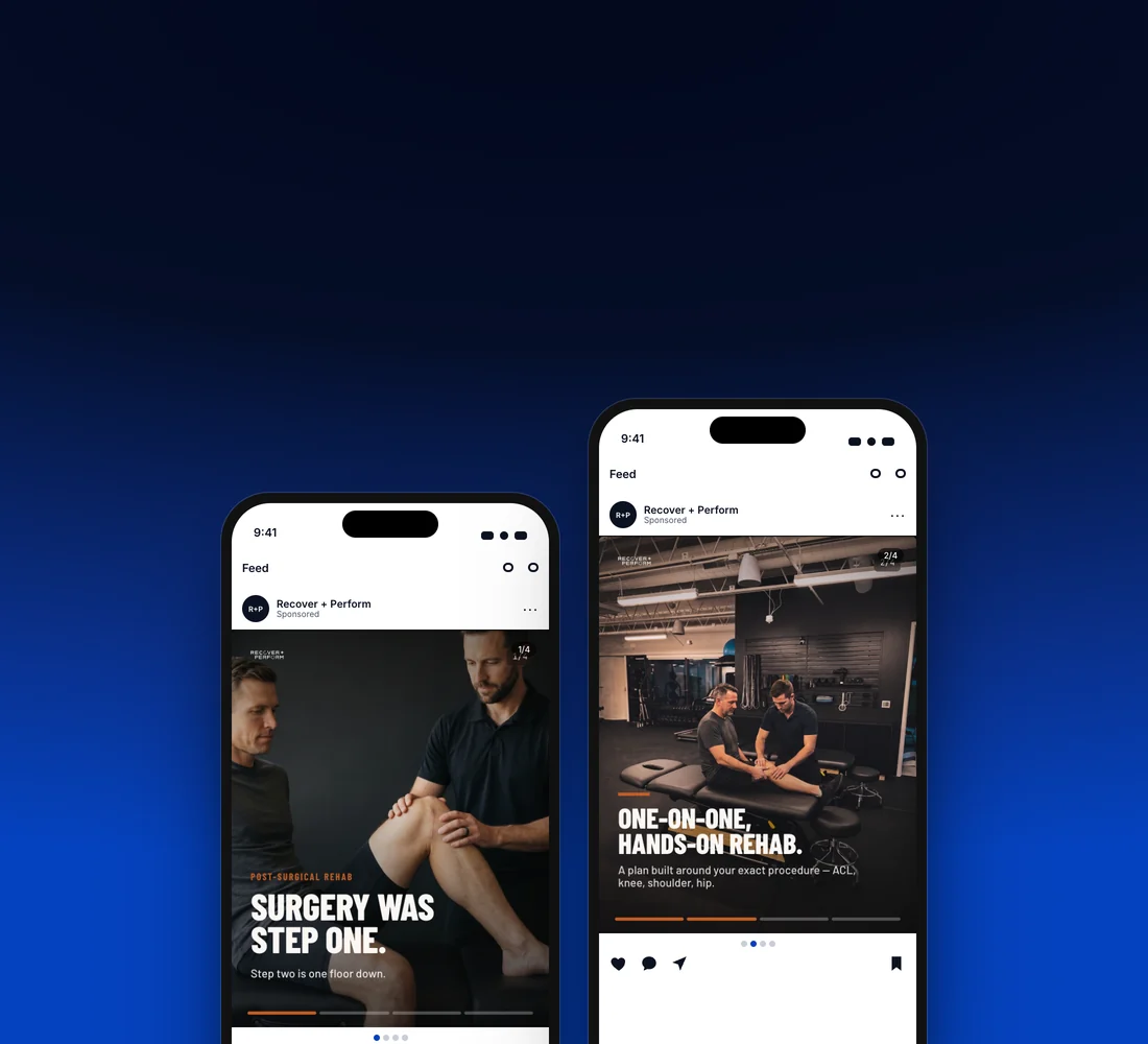 A Recover + Perform paid-social carousel shown inside a phone feed