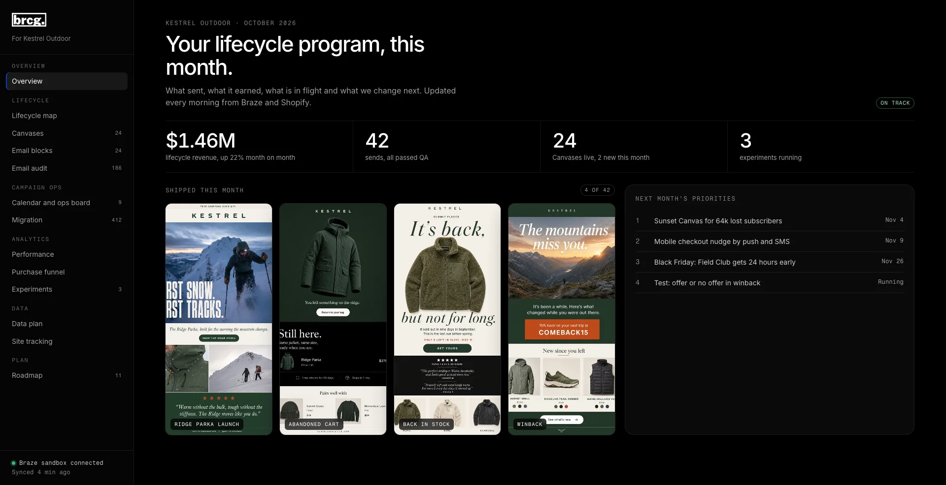 Portal overview: this month's lifecycle revenue, sends, live Canvases, shipped emails and next month's priorities