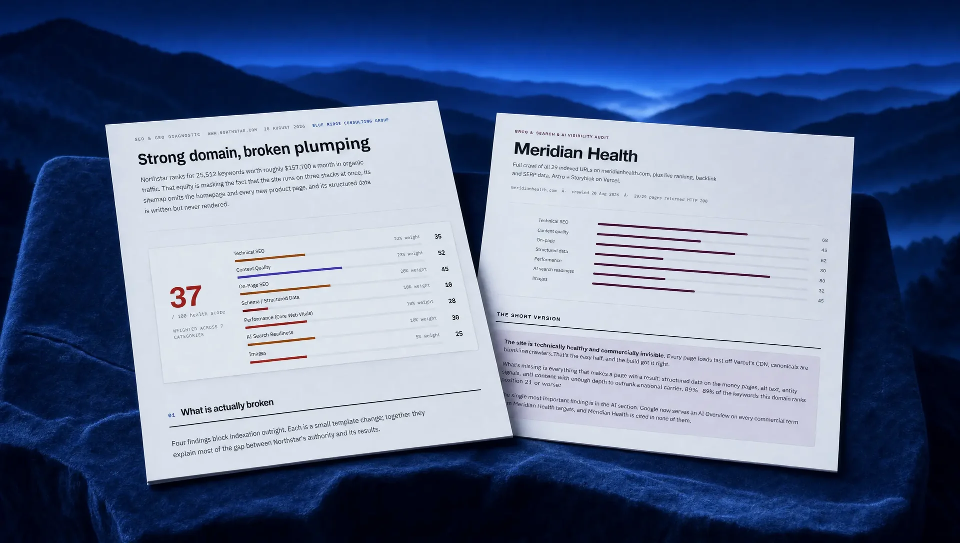 Two search and AI visibility audit pages printed on a Blue Ridge ledge