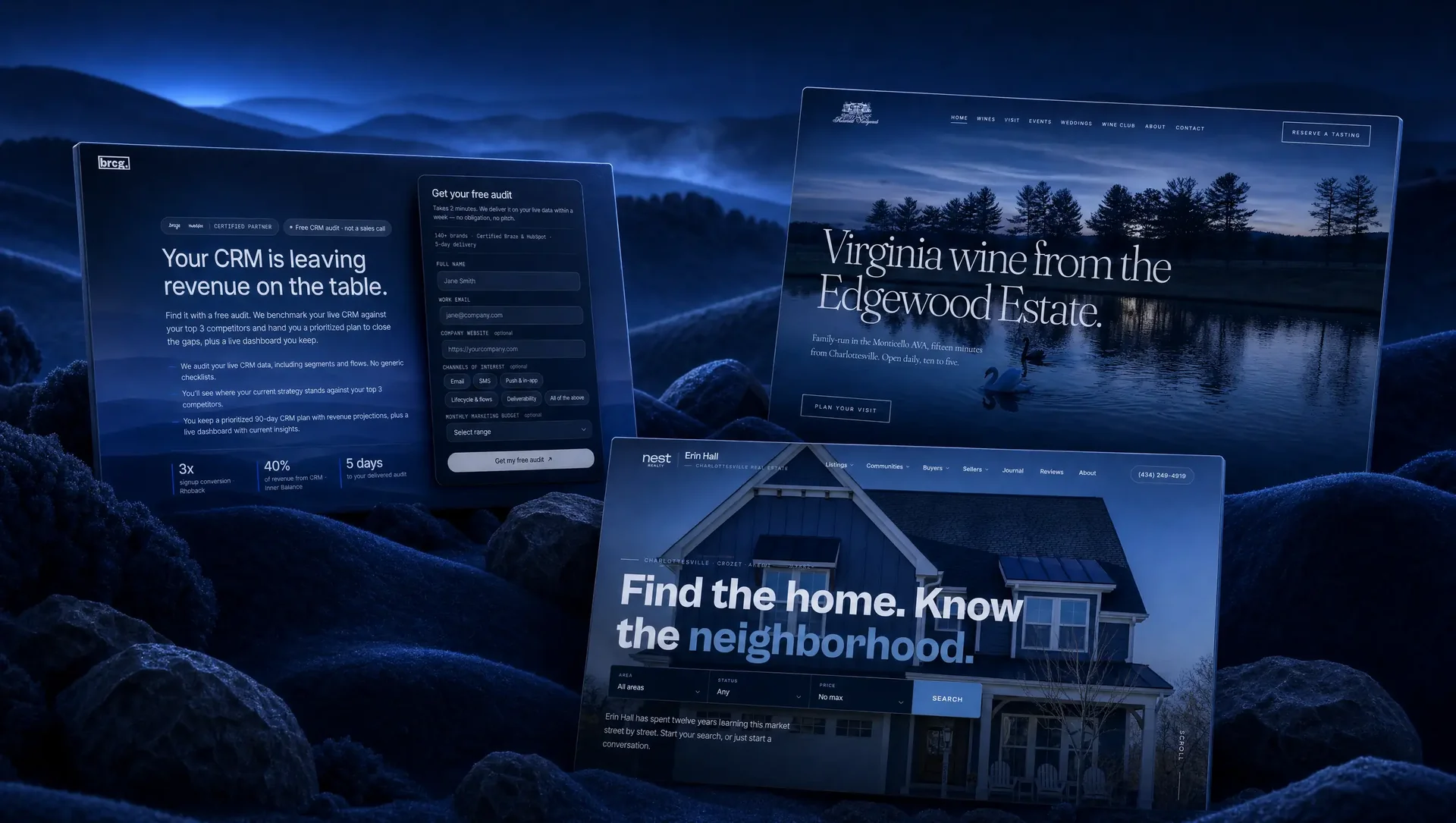 Three landing pages printed as boards on Blue Ridge hills