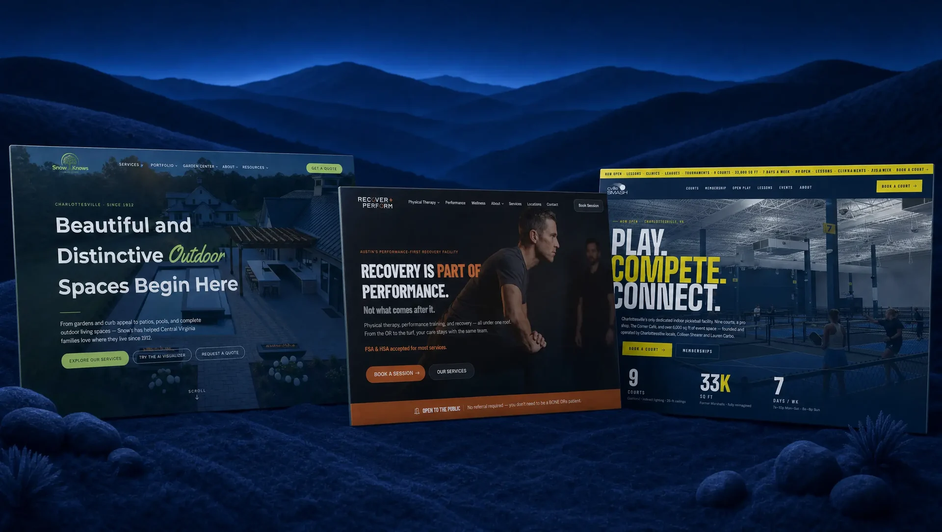 Three production websites printed as boards on Blue Ridge hills